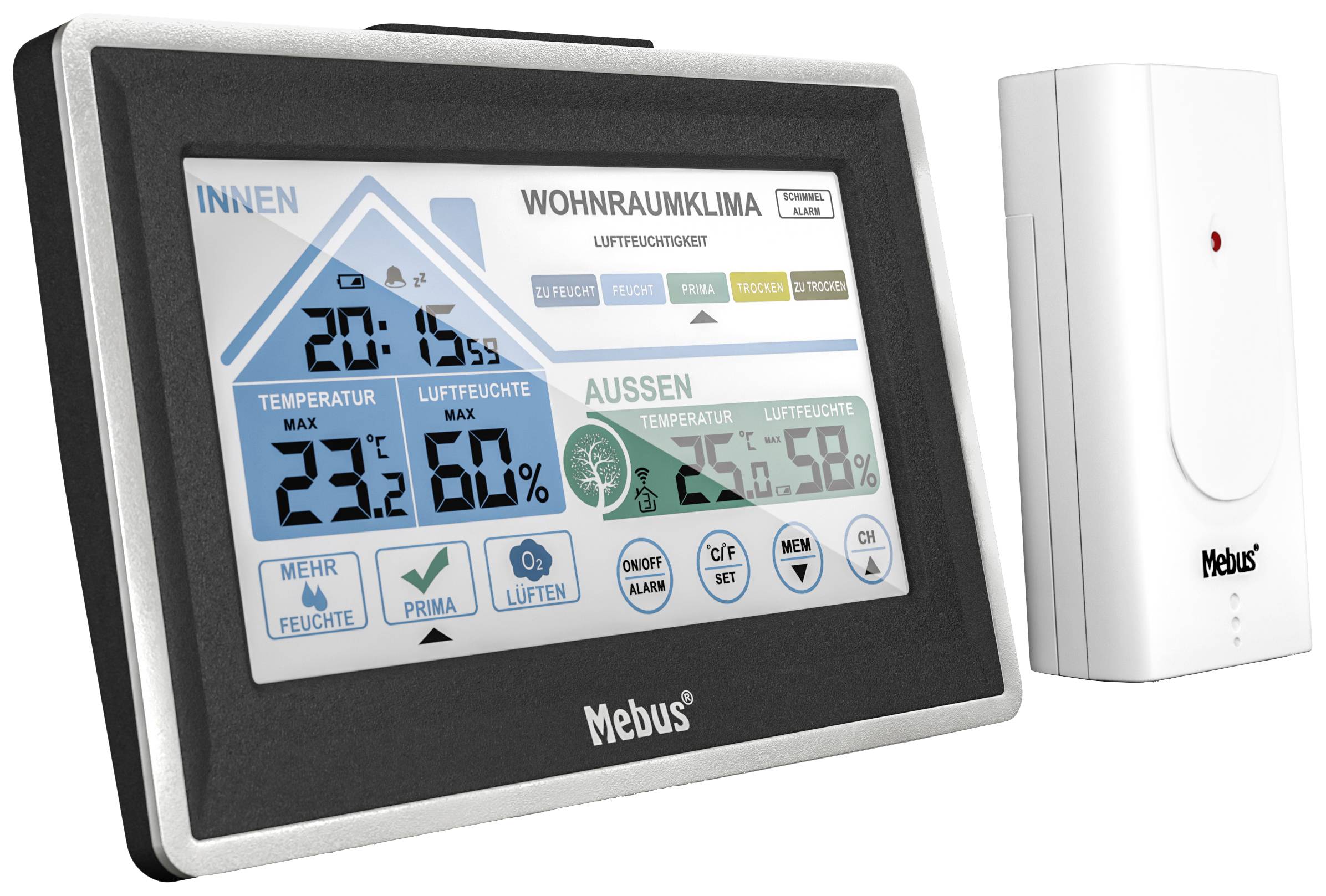 Mebus weerstation toont binnen- en buitentemperatuur alsmede luchtvochtigheid. Links: Hoofdapparaat, rechts: Buitensensor.