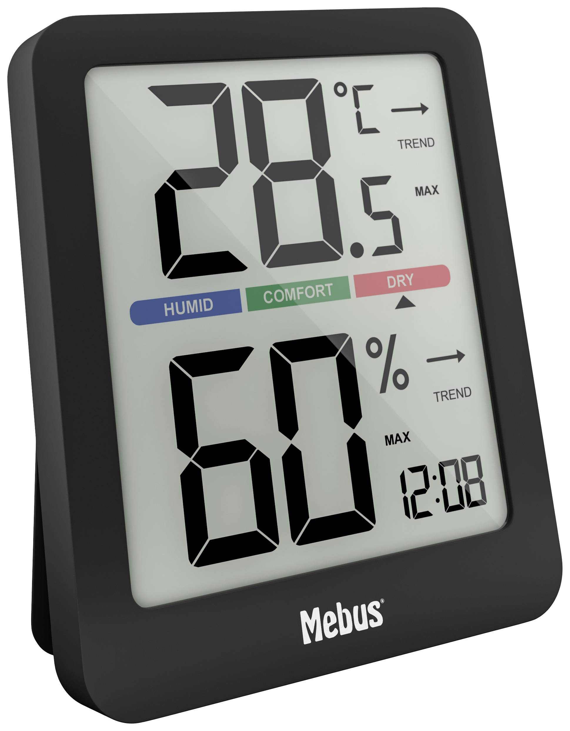 Digitale thermo-hygrometer met weergave van temperatuur (28°C), luchtvochtigheid (60%), comfortzone-indicator en tijd (12:08).