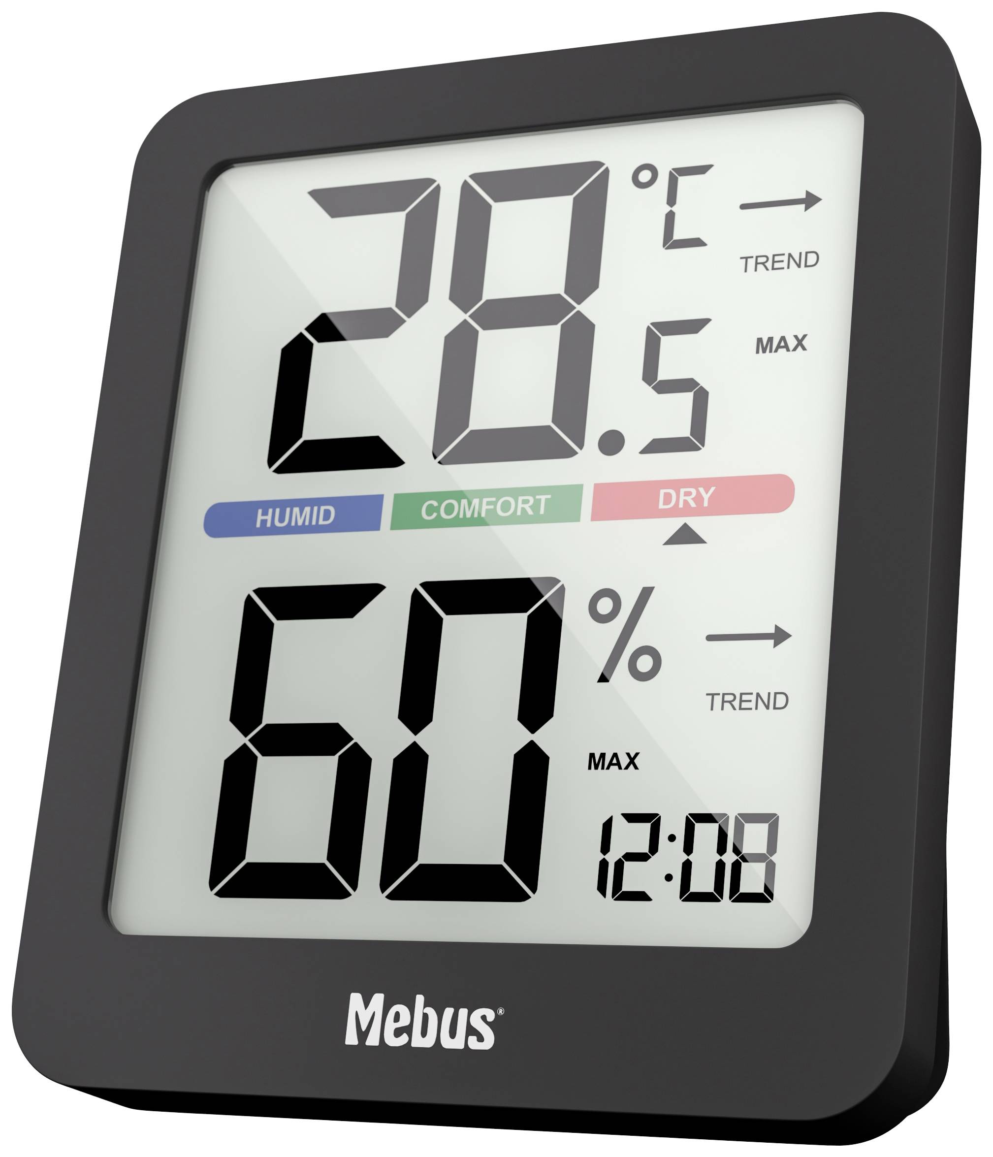 Digitale thermometer en hygrometer toont 28,5 graden Celsius en 60% luchtvochtigheid. Comfortindicatie verduidelijkt de normale zone.
