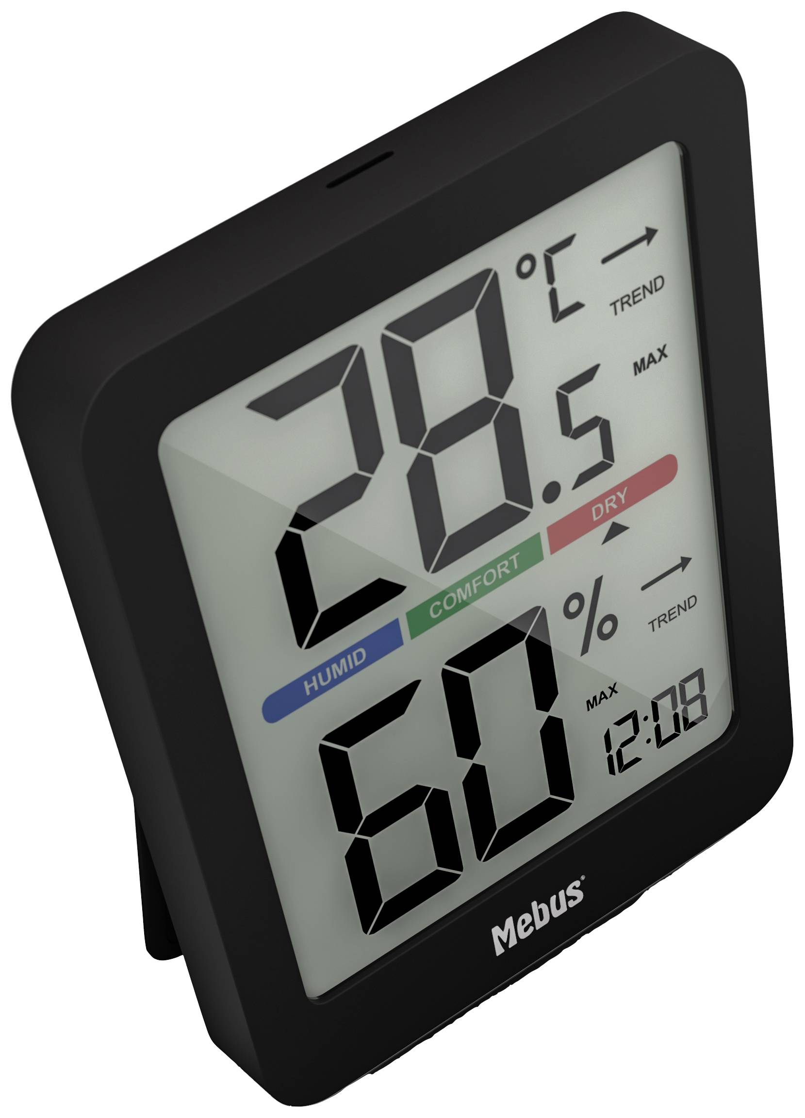 Digitale Hygrometer/Thermometer: Temperatuur 28°C, Luchtvochtigheid 60%, toont Comfortzone 'Droog', tijd 12:08.