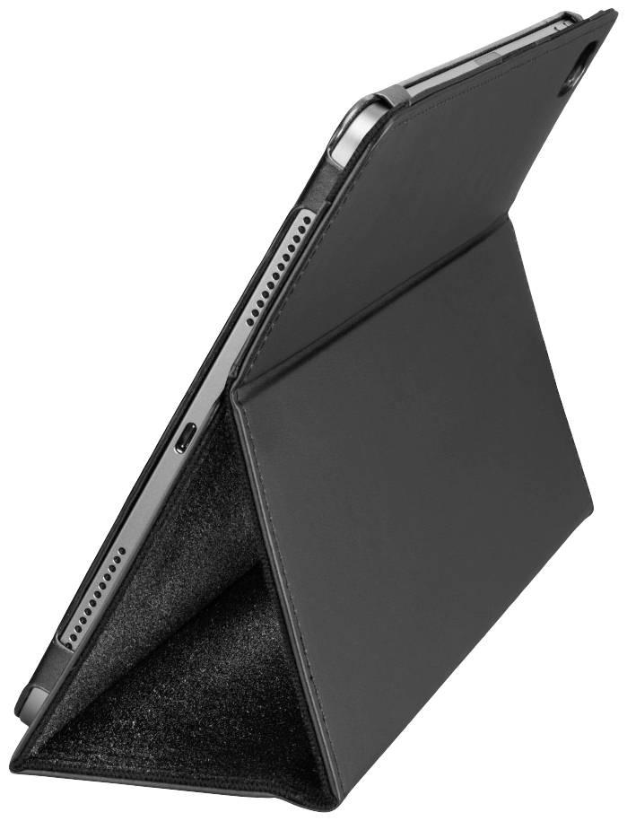 Een tablet staat in een zwart, opvouwbaar etui dat dienst doet als standaard.