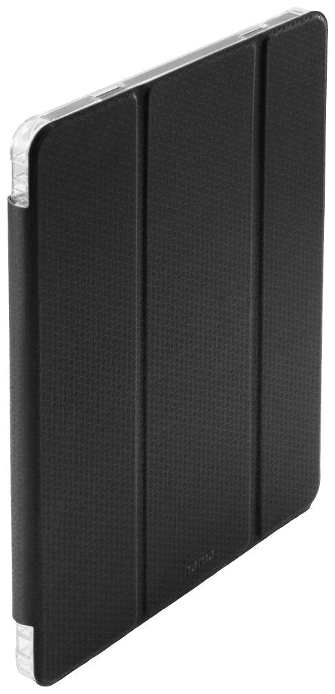 Een zwarte beschermhoes voor een tablet, staand in zijaanzicht.