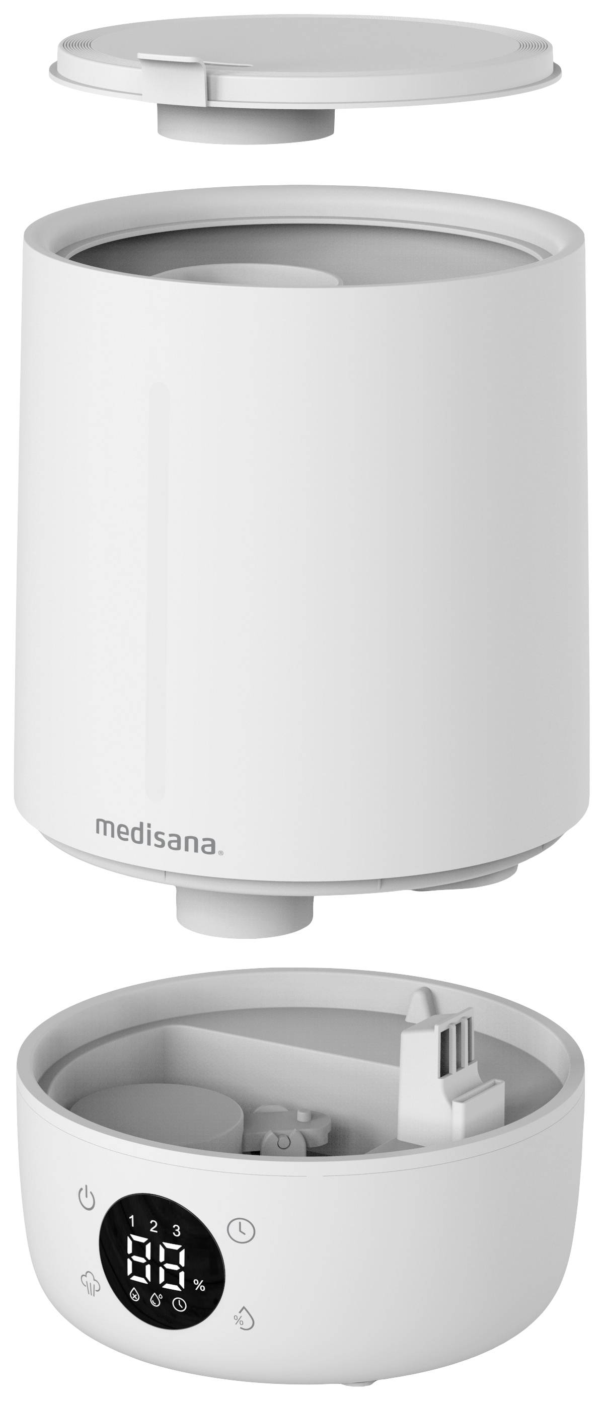 Een witte luchtbevochtiger met een afneembare deksel wordt in twee delen getoond. Op het onderste gedeelte bevindt zich een bedieningspaneel met display.