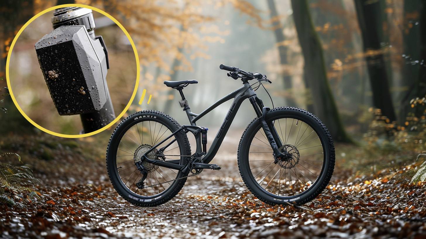 Een zwarte mountainbike staat op een met herfstbladeren bedekte bosweg. Een ingevoegde afbeelding toont een beschadigde accu.