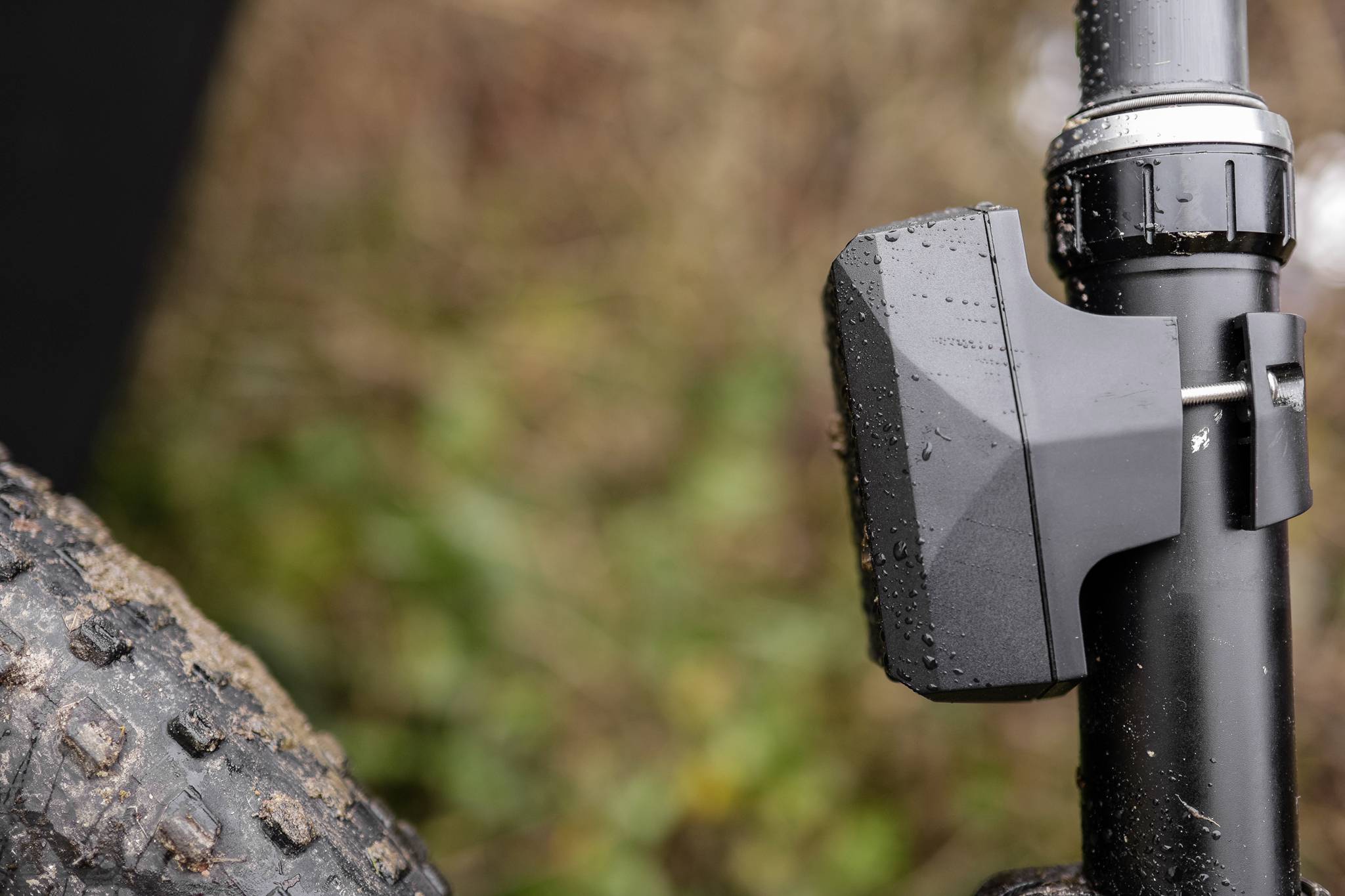 Close-up van een fiets met een brede band en een nat spatbord aan de voorvork, omgeven door een wazig plantachtergrond.