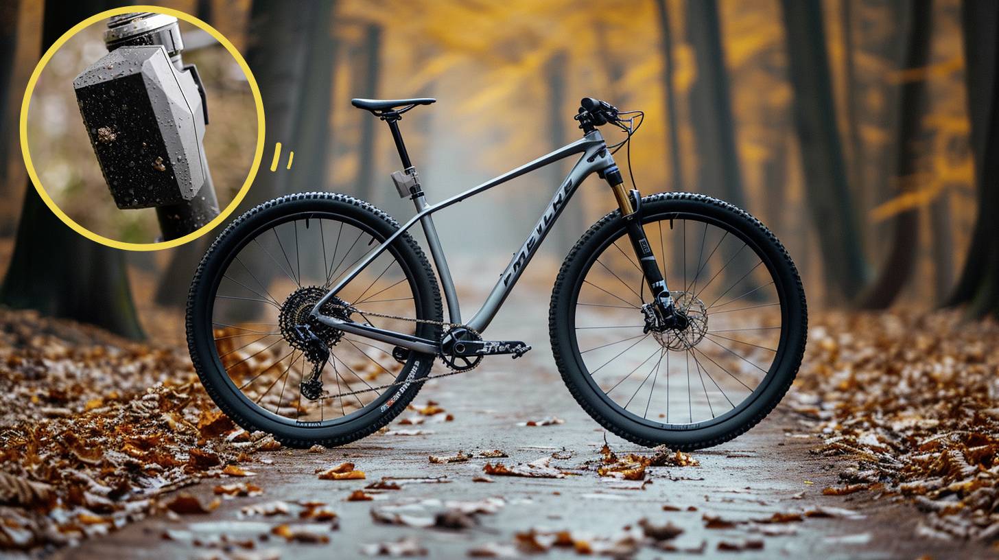 Een modern mountainbike staat in het herfstbos op een pad vol kleurrijke bladeren. Linksboven is gereedschap in close-up te zien.