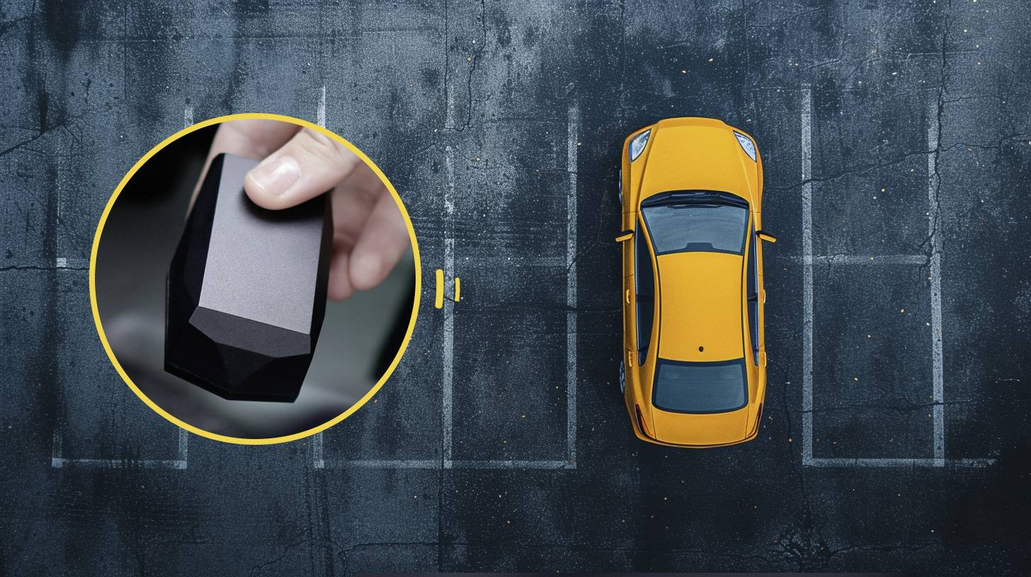 Een gele auto parkeert achteruit tussen witte lijnen. In de cirkel ernaast houdt een hand een autosleutel.