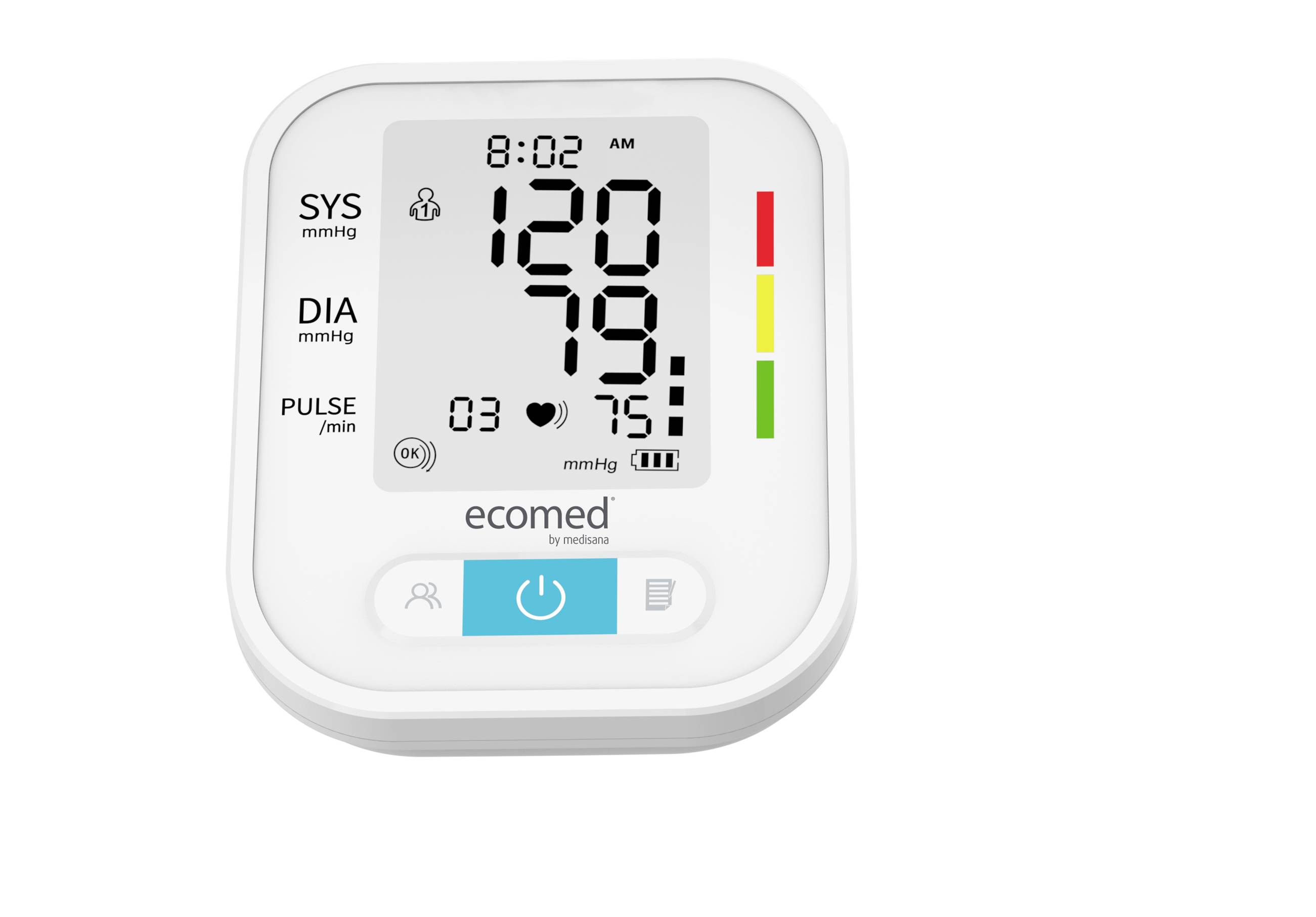 Bloeddrukmeter toont waarden: SYS 120 mmHg, DIA 79 mmHg, Hartslag 75, met kleurenschaal rechts. Tijd en datum worden bovenaan weergegeven.