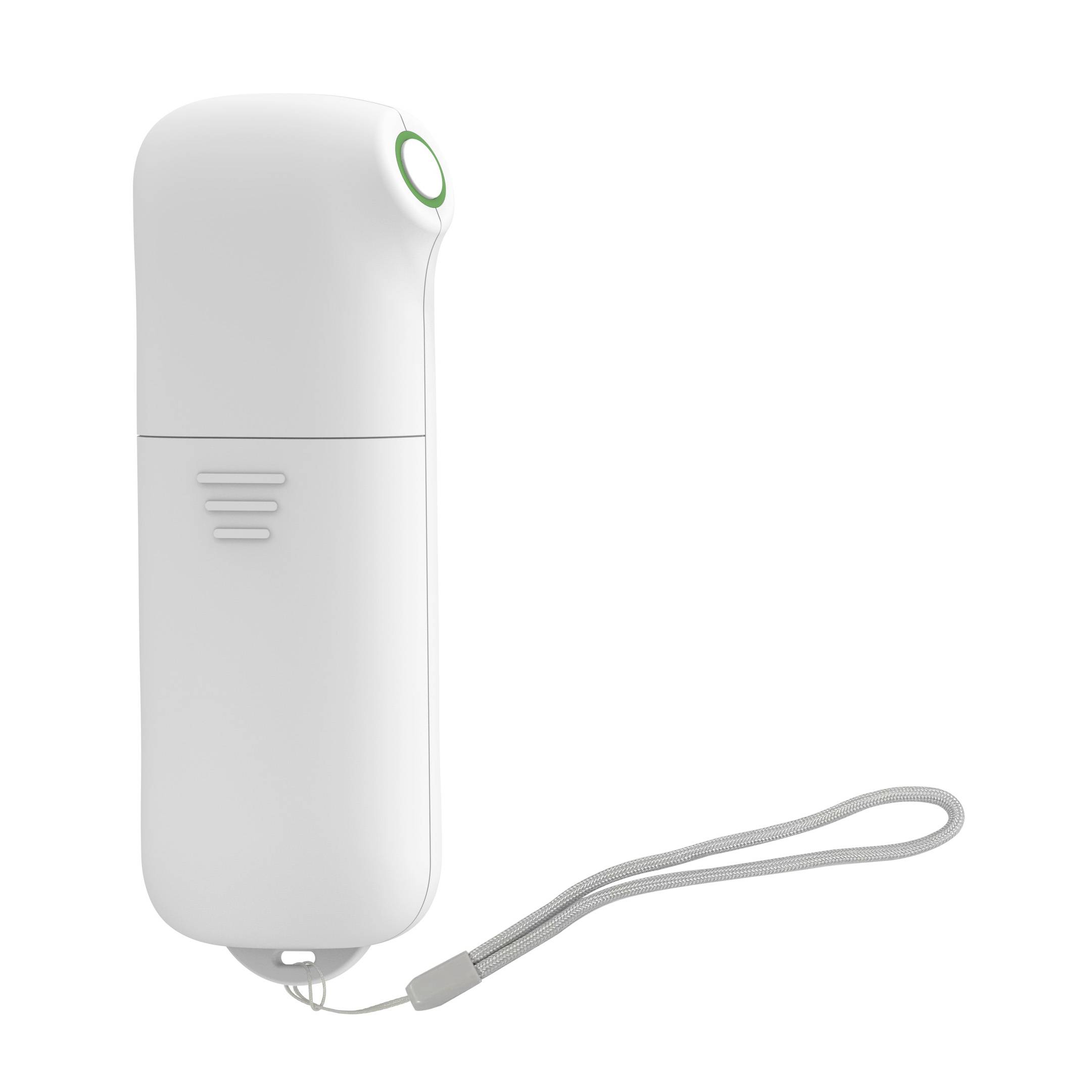 Een wit, draagbaar elektronisch apparaat met afgeronde hoeken en een groene knop bovenop. Het heeft een handlus aan de onderkant.