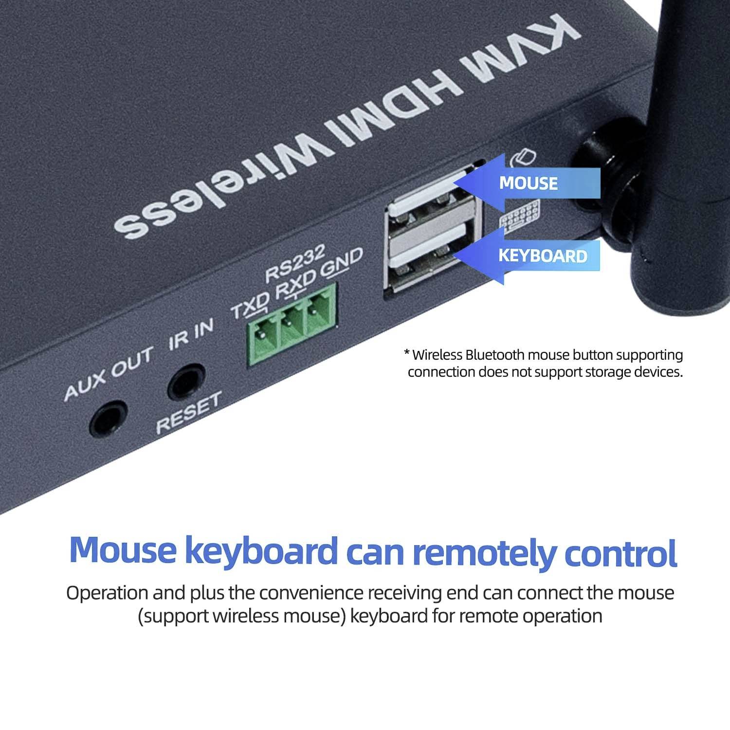 Een KVM HDMI draadloos apparaat toont aansluitingsmogelijkheden, waaronder muis en toetsenbord. Tekst legt draadloze muisbesturing uit.