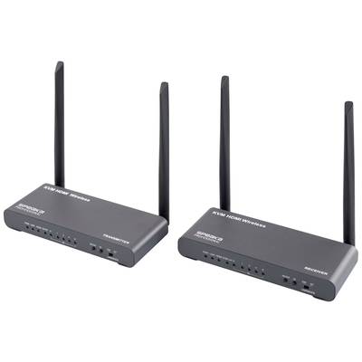 'Draadloze HDMI-verlengset met dubbele zender en ontvanger, elk met twee antennes, voor het draadloos verzenden van HDMI-signalen.'