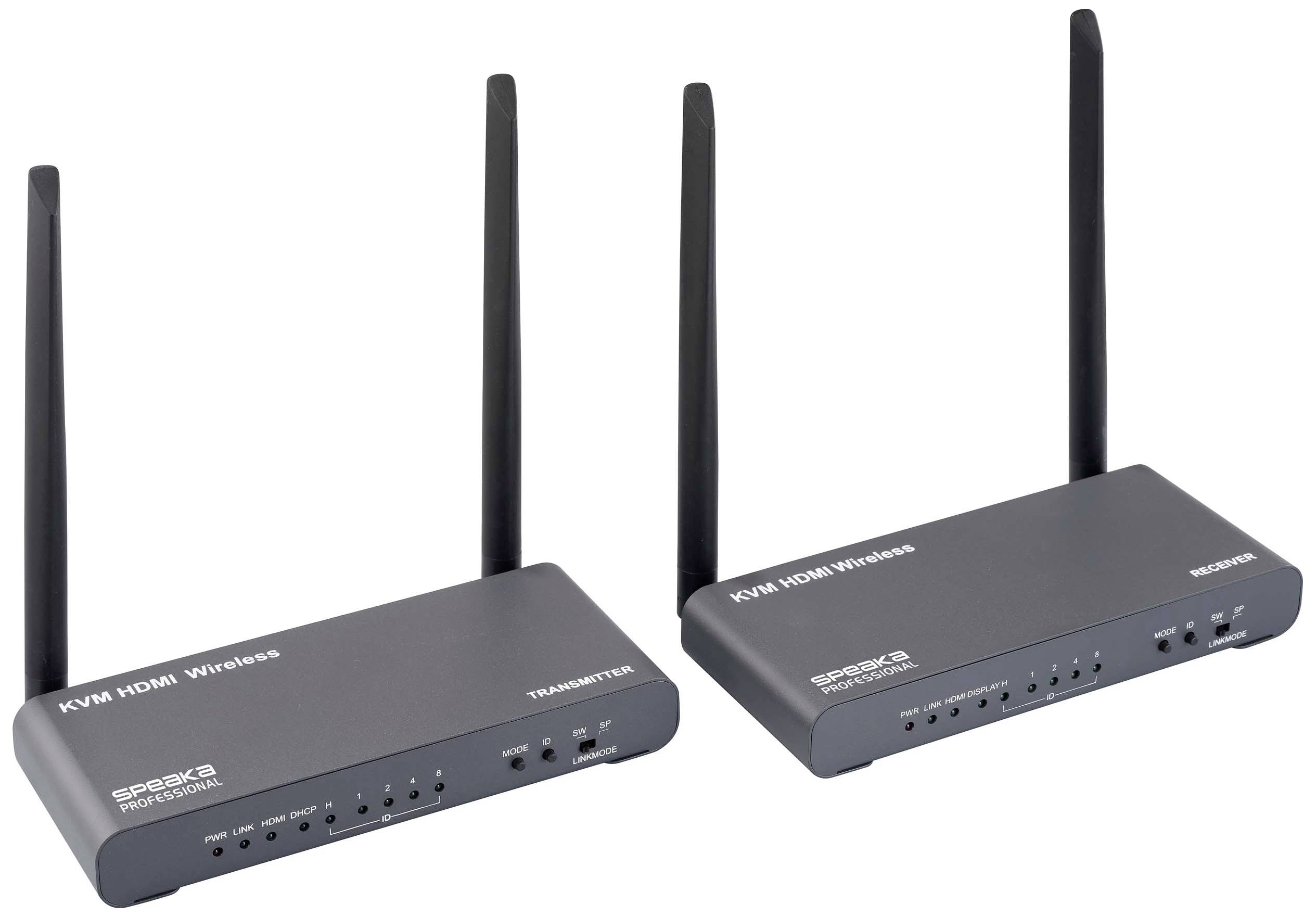'KVM HDMI Wireless' bevat twee apparaten met antennes: een zender en een ontvanger. Ze maken draadloze overdracht van HDMI-signalen mogelijk.