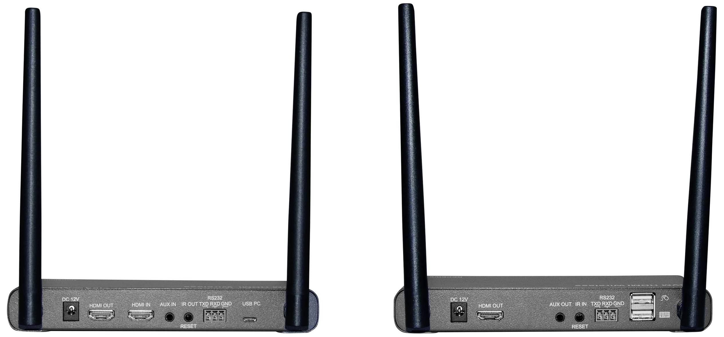 Twee zwarte routers met antennes, achteraanzicht: aansluitingen voor HDMI, USB en netwerkkabels zichtbaar.