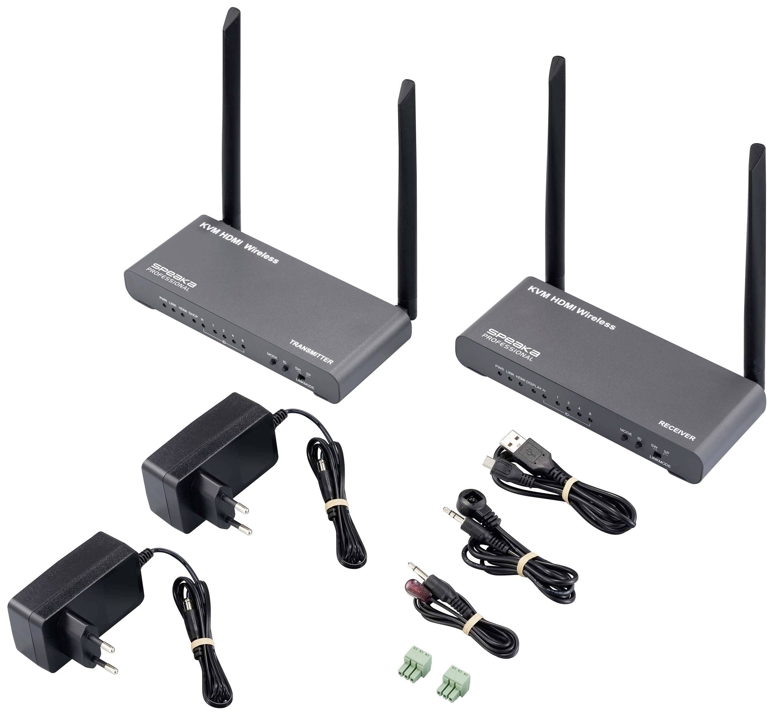 Twee zwarte HDMI-draadloze apparaten met antennes, elk voorzien van een voedingsadapter en kabelbijbehoren, weergegeven op een witte achtergrond.