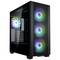 Een zwarte computerbehuizing met drie RGB-verlichte ventilatoren aan de voorkant en een aan de zijkant. Het plexiglas raam toont het interieur.