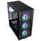 Pc-behuizing met transparant zijpaneel en verlichte RGB-ventilatoren aan voor- en achterzijde, geschikt voor gaming-pc's.