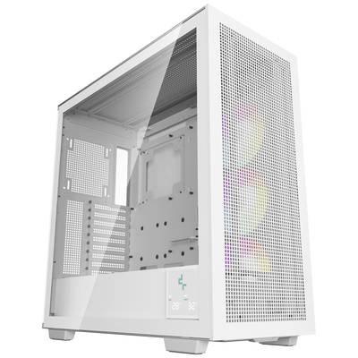 Een wit, leeg computerbehuizing met een glazen zijpaneel en een digitaal display aan de voorkant dat temperatuur en ventilatorsnelheid weergeeft.