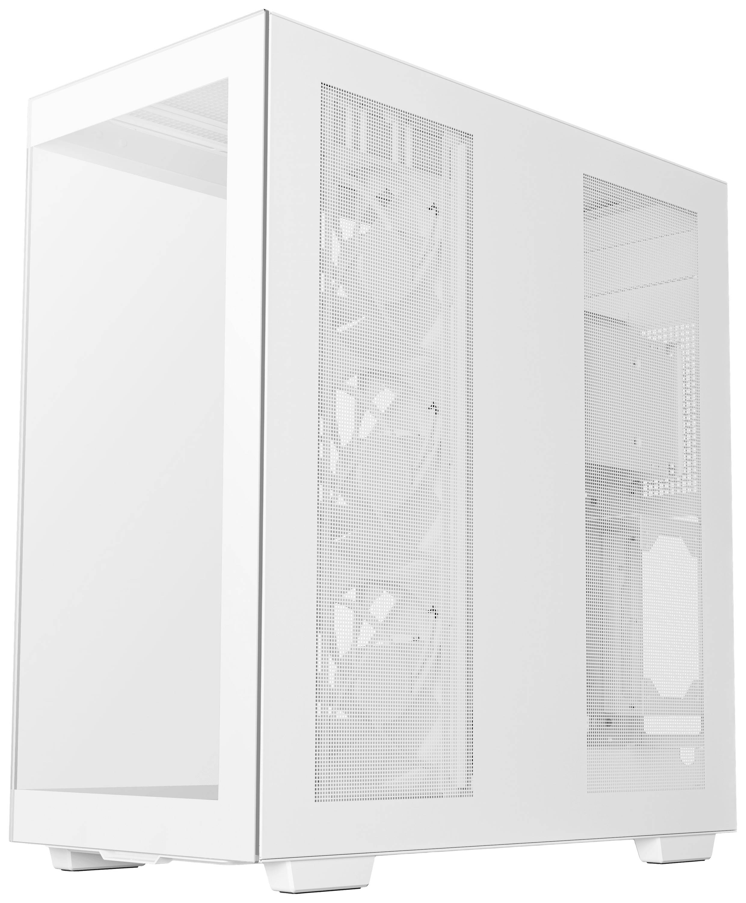 Wit pc-behuizing met transparante zijwanden, luchfilters en zichtbare ventilatoren. Modern en minimalistisch design.