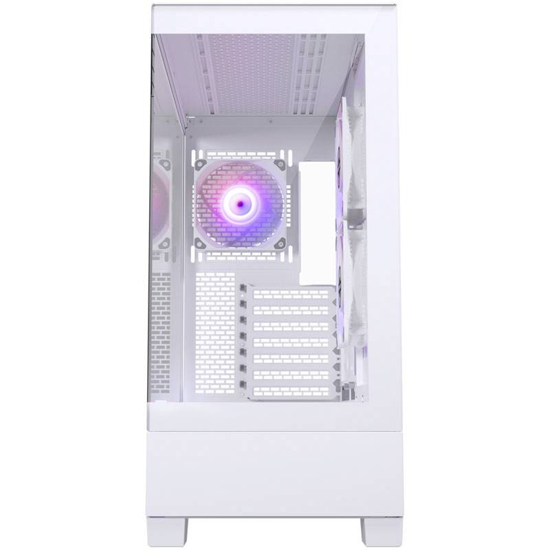 Een wit pc-behuizing met een transparant zijpaneel dat de interne ventilatoren met rood-blauwe LED-verlichting toont.