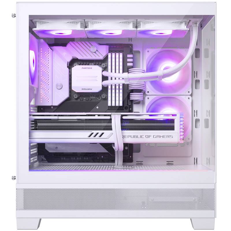 Een witte computer met een transparante behuizing toont interne componenten zoals verlichte ventilatoren en kabelmanagement.