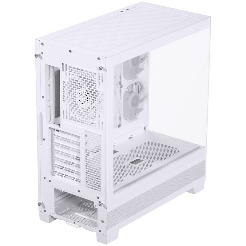 Een wit pc-behuizing met een transparante zijwand toont de ventilatoren aan de binnenkant, geschikt voor computercomponenten en koeling.