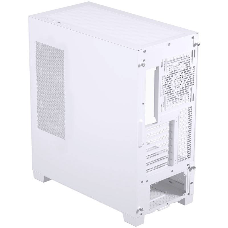 Een wit computerbehuizing met meerdere ventilatiesleuven, een transparant zijpaneel, en verschillende aansluitmogelijkheden aan de achterkant.