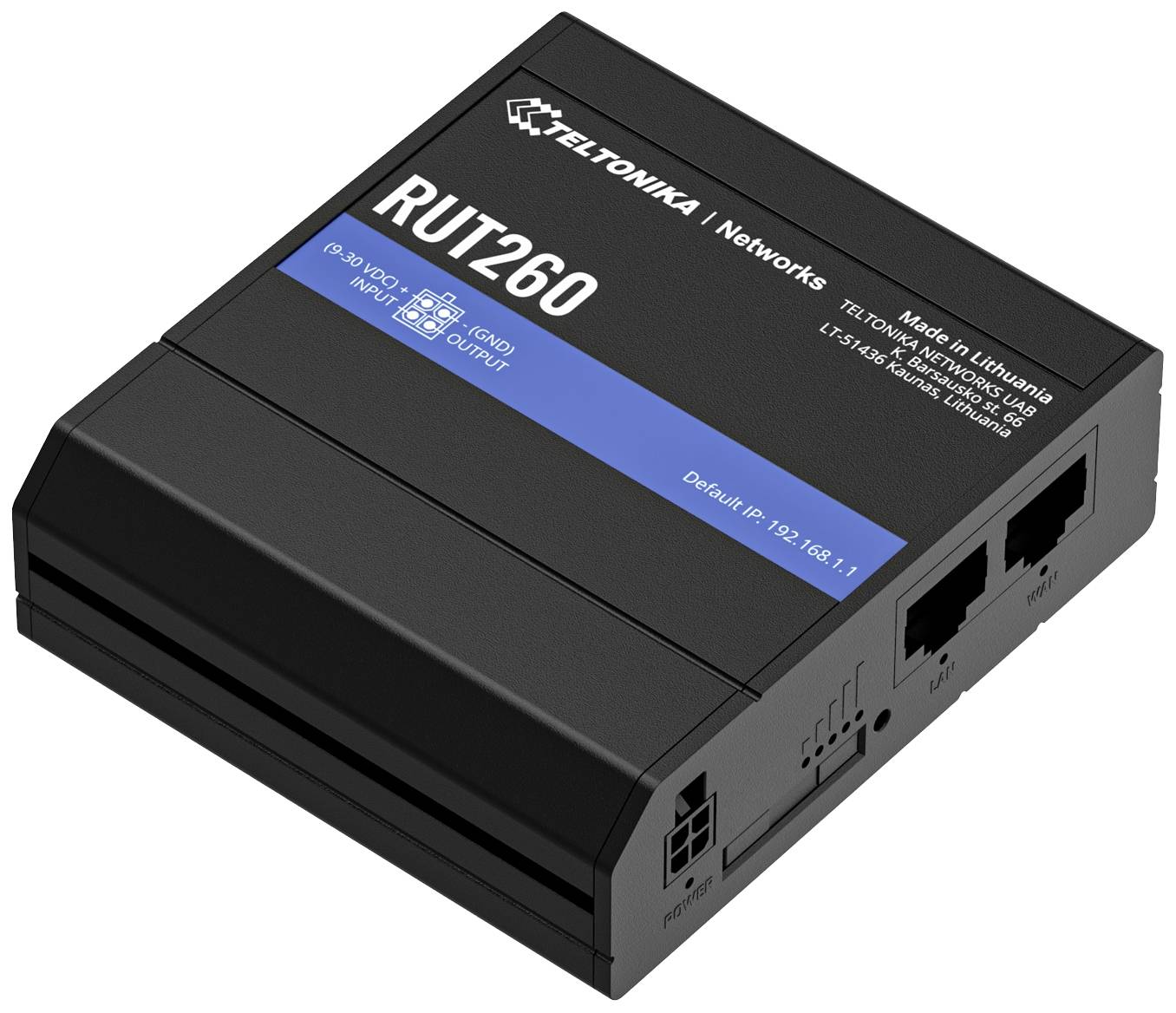 Een zwarte router, model 'RUT260' van Teltonika Networks, toont twee Ethernet-aansluitingen en een voedingsaansluiting aan de zijkant.