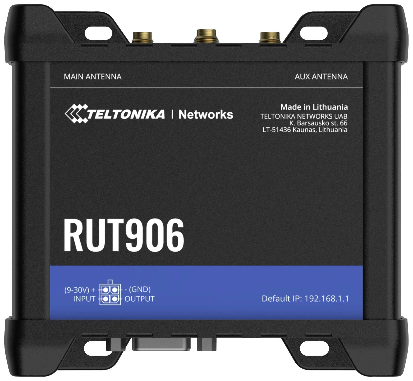 Een zwarte Teltonika RUT906 router met aansluitingen voor hoofd- en secundaire antennes, gefabriceerd in Litouwen. Standaard-IP: 192.168.1.1.