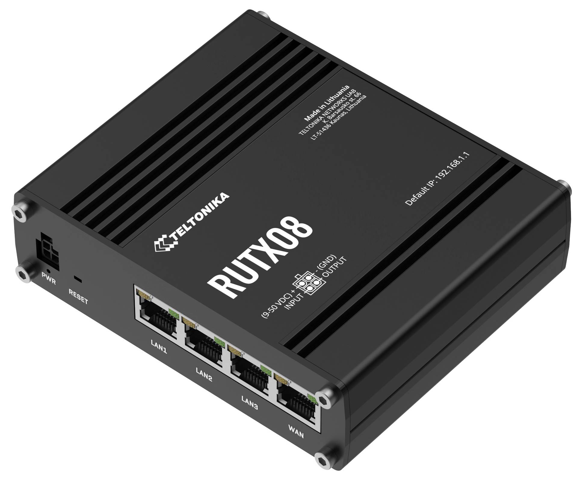 Industrieel netwerktoestel 'RUTX08' van Teltonika met vier Ethernet-poorten, geschikt voor robuuste verbindingen en toepassingen.