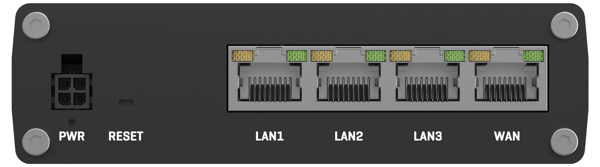 Een zilverkleurige switch met vier LAN-poorten en één WAN-poort, model 'RUTX08' van Teltonika. Ontworpen voor industriële netwerktoepassingen.