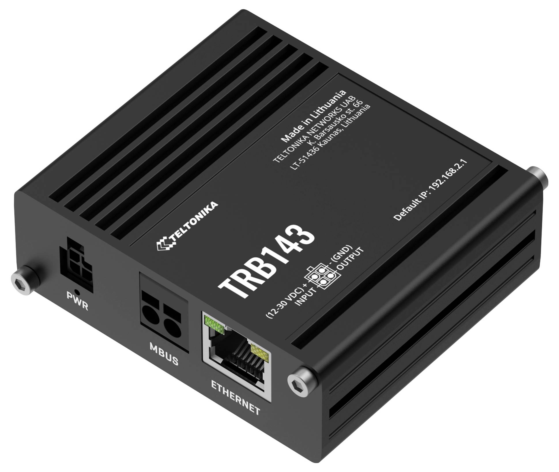 Een zilver netwerkapparaat van Teltonika met modelnummer TRB143, voorzien van aansluitingen voor stroom en Ethernet, gefabriceerd in Litouwen.