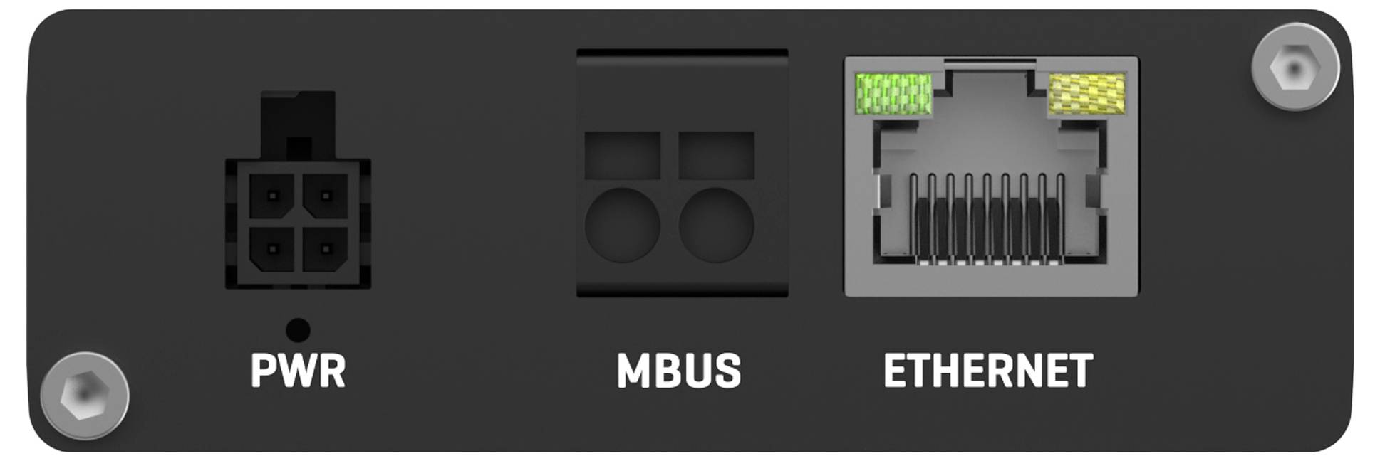 'Industrieel apparaat TRB143 van Teltonika Networks met Ethernet- en MBUS-aansluitingen, IP-adres 192.168.2.1 vermeld.'