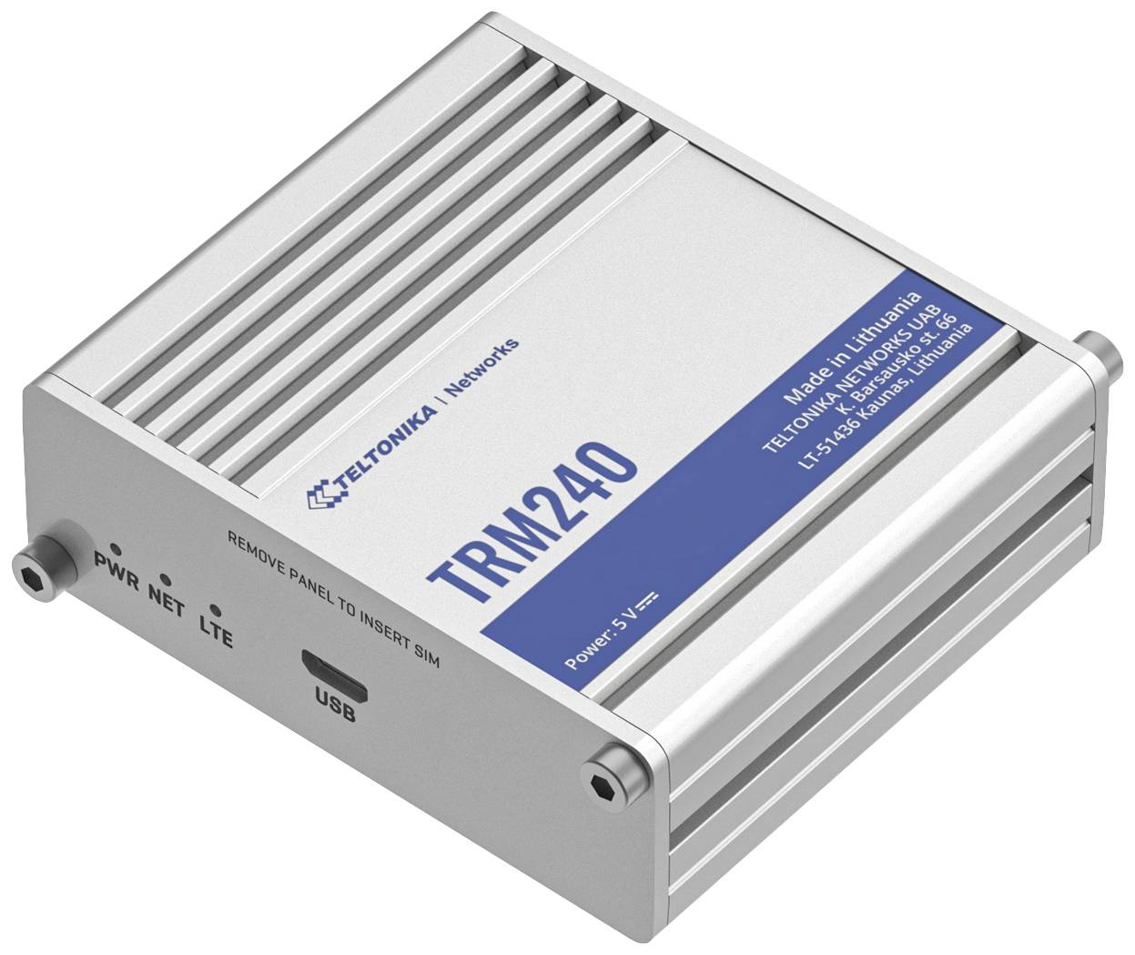 Een zilveren netwerkmodem 'TRM240' van Teltonika met aansluitingen voor stroom, LTE en USB. Gemaakt in Litouwen.