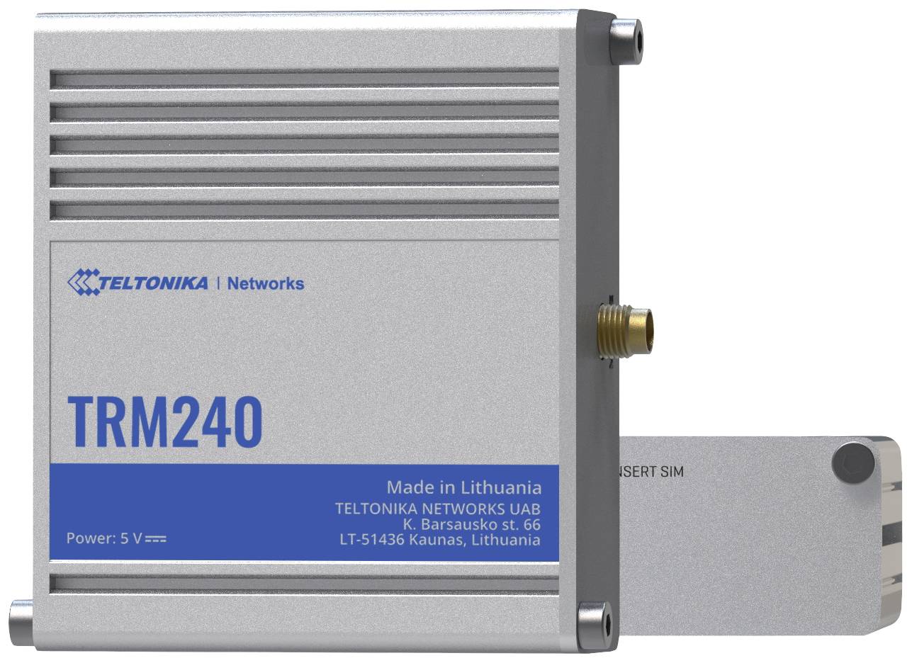 Een TRM240-modem van Teltonika uit Litouwen, met een SIM-kaarthouder. Het toont 'Made in Lithuania' en het firmadres.