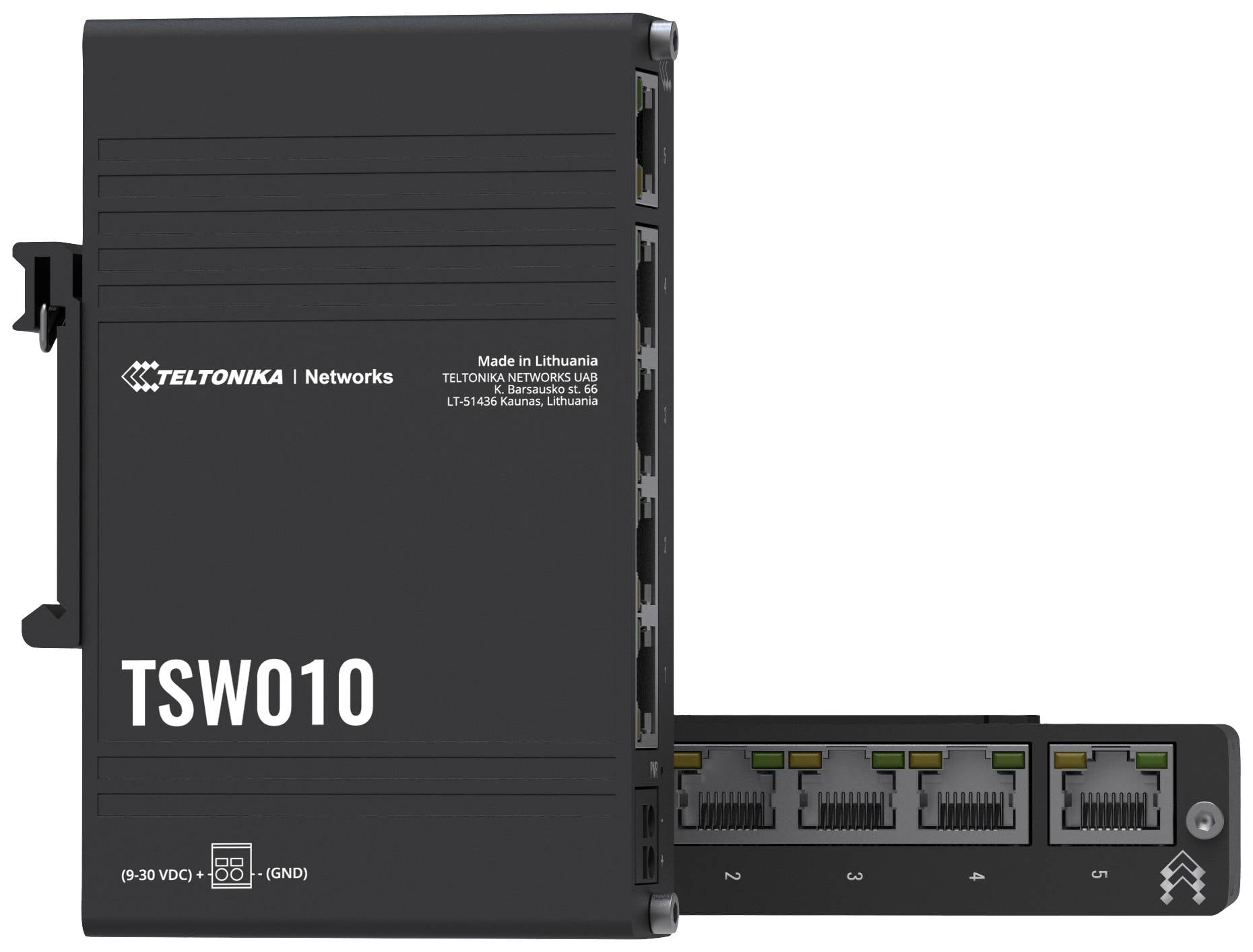 Netwerk-switch van Teltonika met modelnummer TSW010, zwarte behuizing, biedt meerdere Ethernet-poorten voor verbindingen.
