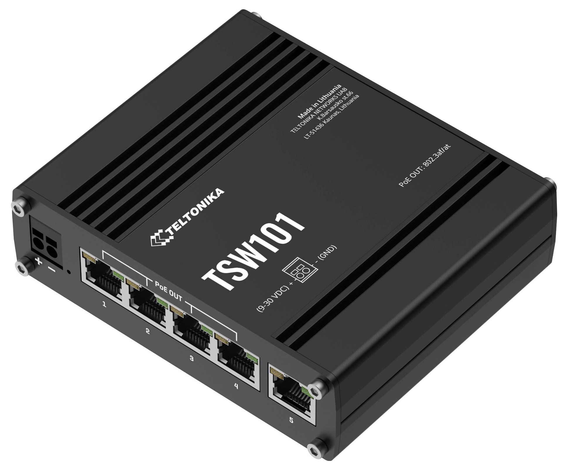 Afbeelding van een compact metalen behuizing met het model 'TSW101'. Het heeft Power-over-Ethernet-uitgangen en Ethernet-poorten aan de rechterkant.