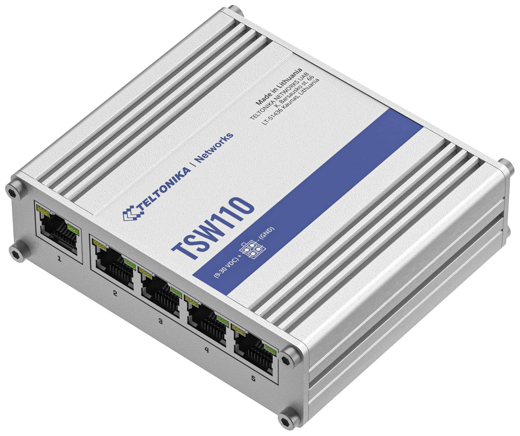 Een zilveren netwerk-switch van Teltonika met vijf Ethernet-poorten en blauwe opdruk 'TSW110'. Gefabriceerd in Litouwen.