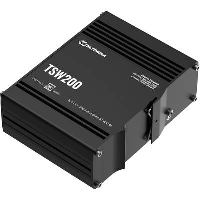 Zwarte TSW200 Teltonika industriële Ethernet-switch-apparaat weergegeven in schuin productaanzicht.