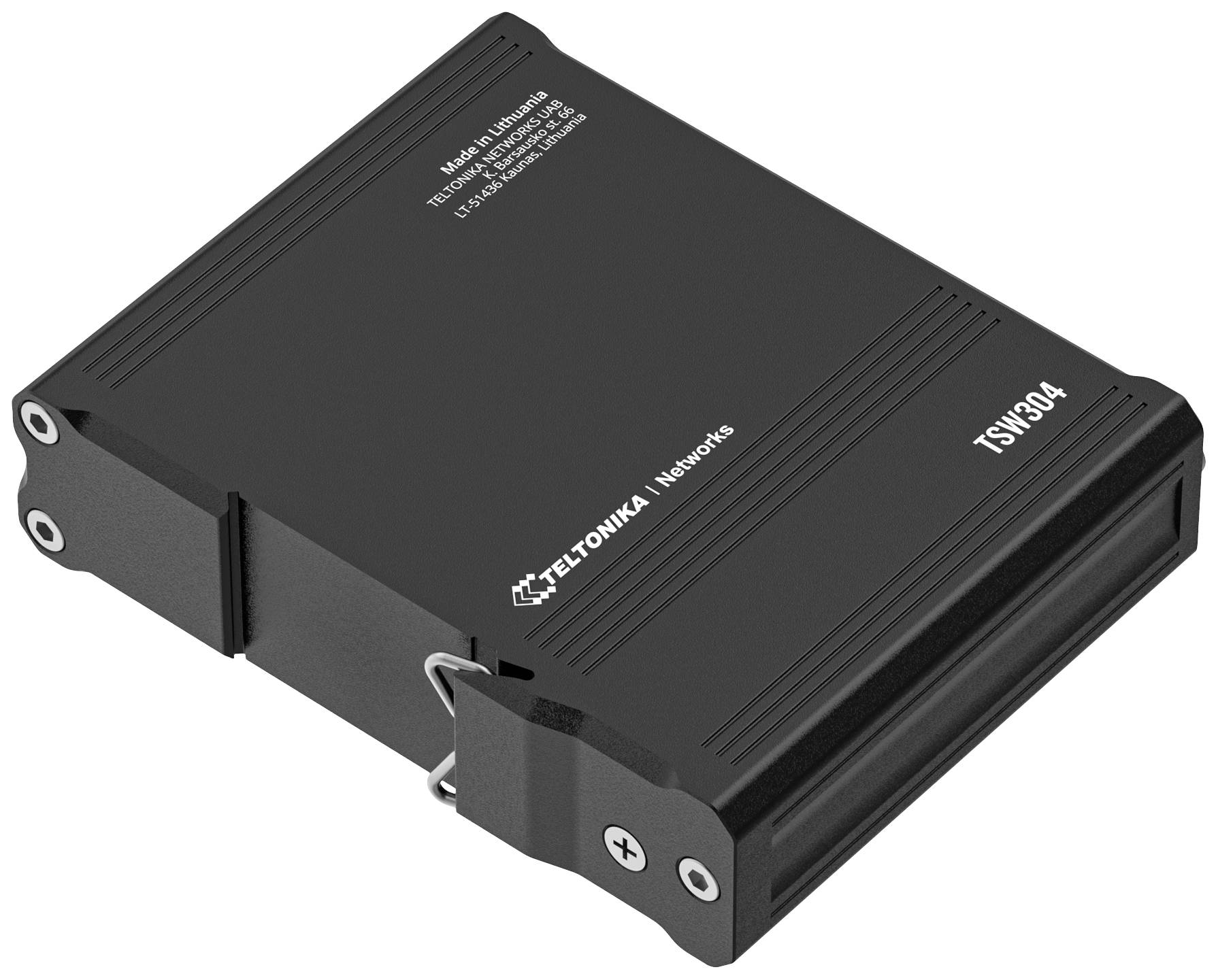 Zwarte industriële switch van Teltonika Networks, model TSW304, met robuuste behuizing, gebruikt voor netwerkverbindingen in zware omstandigheden.