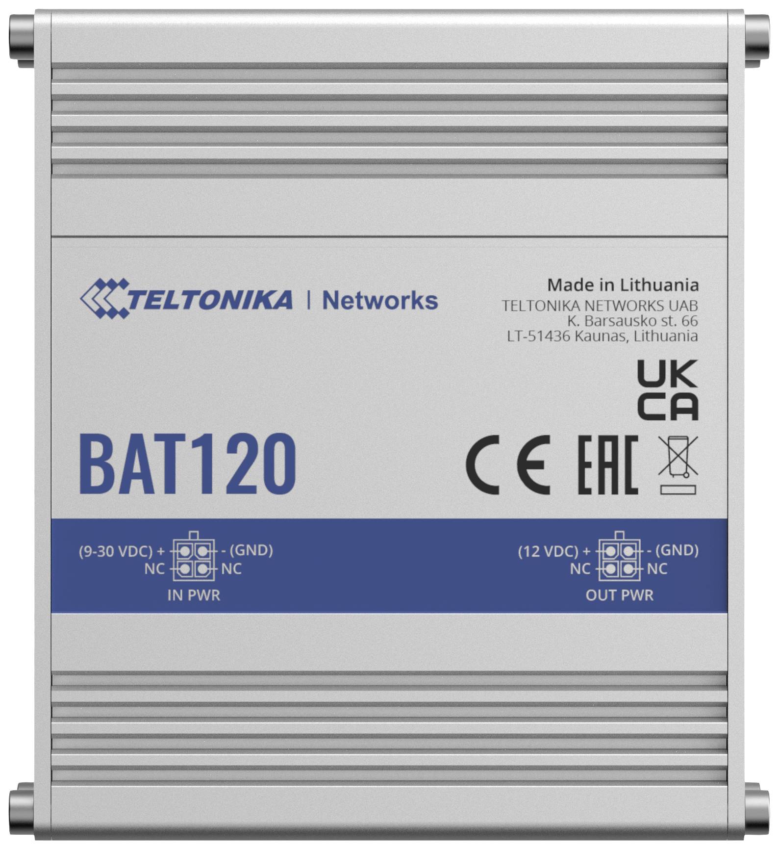 Elektronisch apparaat met opschrift 'BAT120' en logo's voor CE en UKCA, vervaardigd in Litouwen door Teltonika Networks.