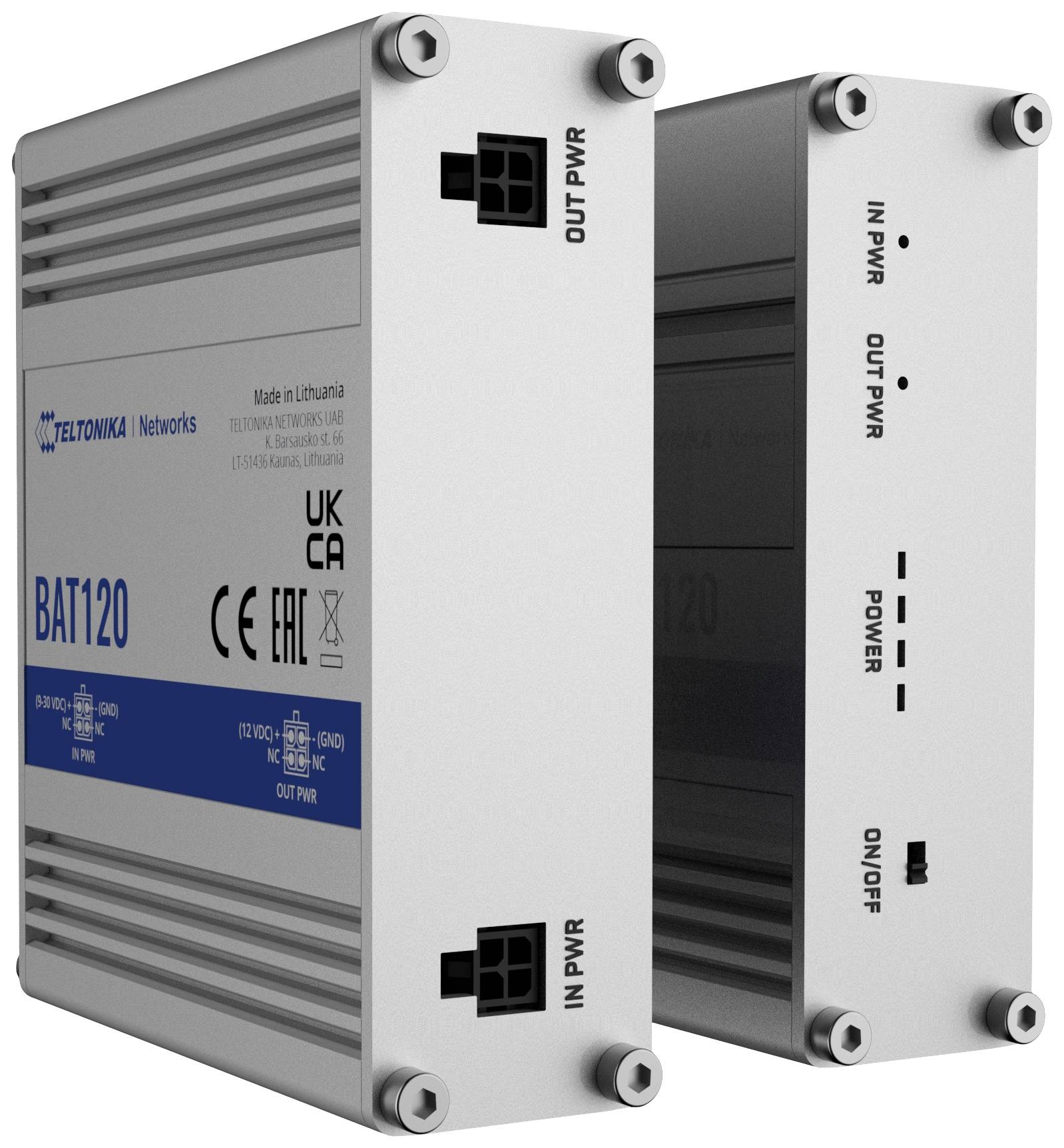 Twee zilveren behuizingen met opdrukken van technische specificaties en fabrikantinformatie, voorzien van aansluitingen voor invoer en uitvoer.