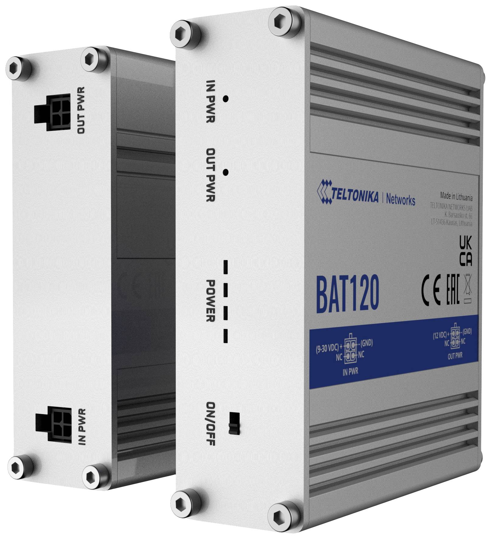 Twee kleine, rechthoekige, zilveren elektronische apparaten met aansluitingen en schakelaars aan de zijkanten, gemarkeerd met 'IN PWR', 'OUT PWR', 'POWER', 'ON/OFF'.