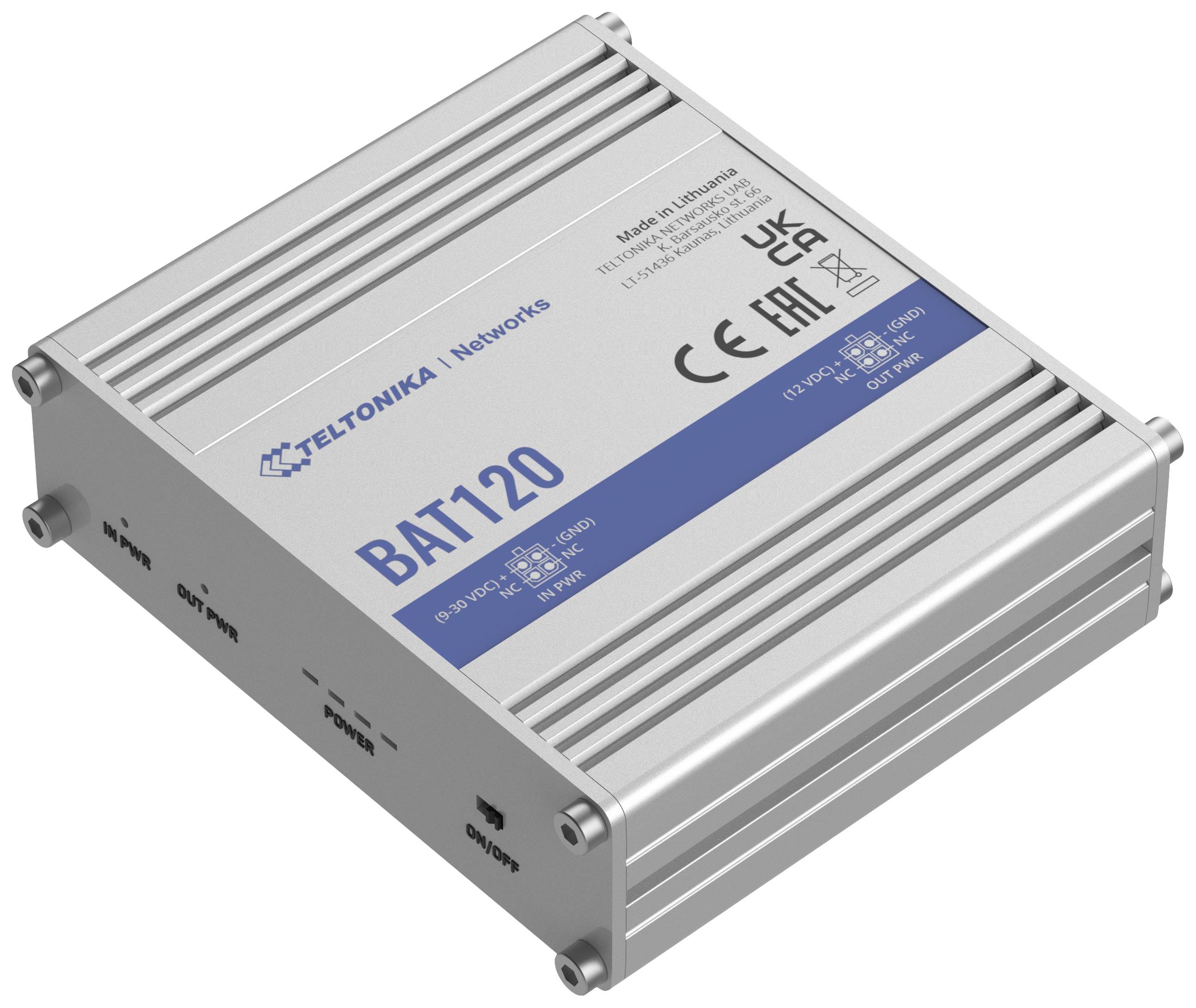 Een rechthoekig, zilver elektronisch apparaat met de opdruk 'BAT120'. Fabrikantinformatie en certificeringsmarkeringen zijn zichtbaar.