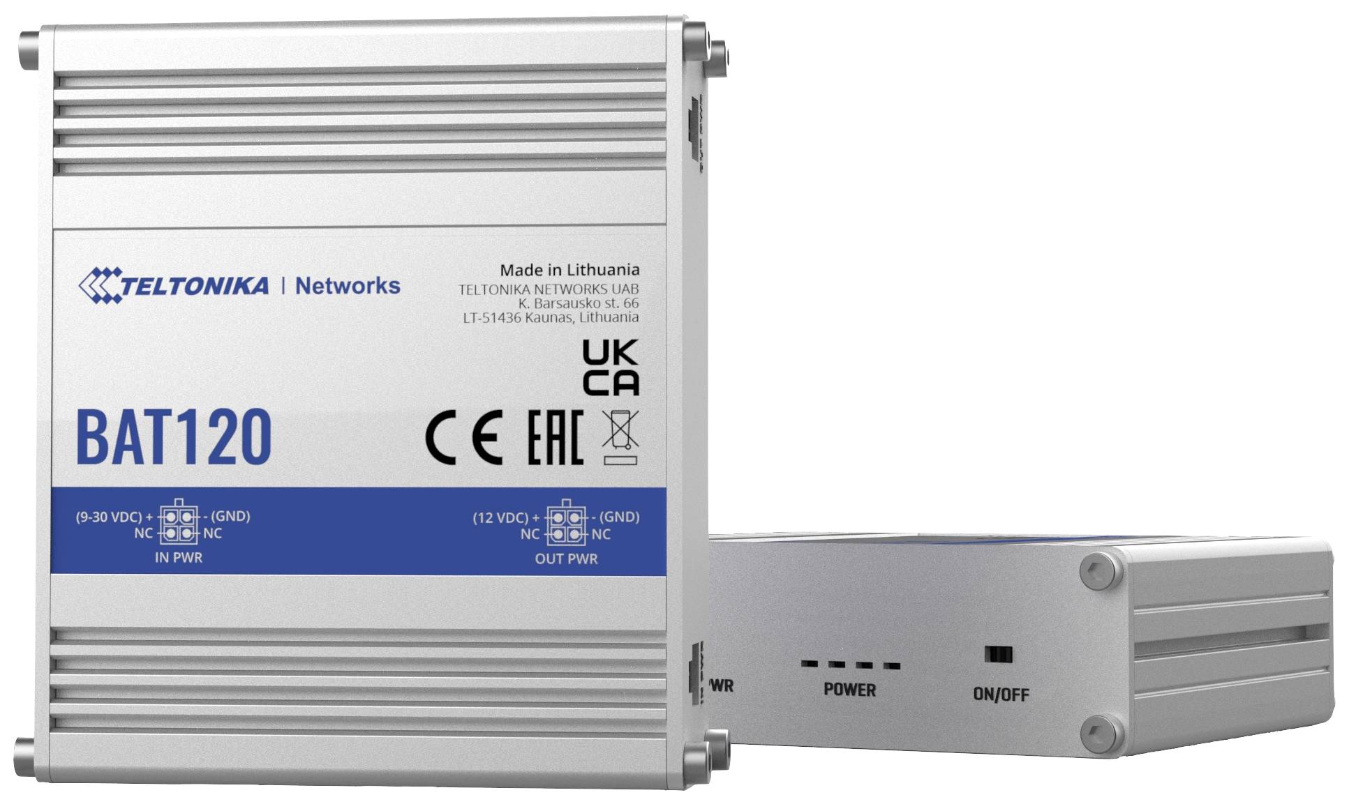 Een zilverkleurig Teltonika BAT120-apparaat met blauwe accenten, voorzien van CE- en UKCA-certificeringen, toont voedings- in- en uitgangen.