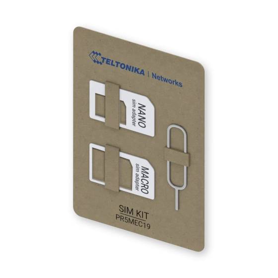 SIM-kaartenset van Teltonika met Nano- en Micro-SIM-adapter en SIM-uitwerpgereedschap, geschikt voor verschillende apparaatformaten.