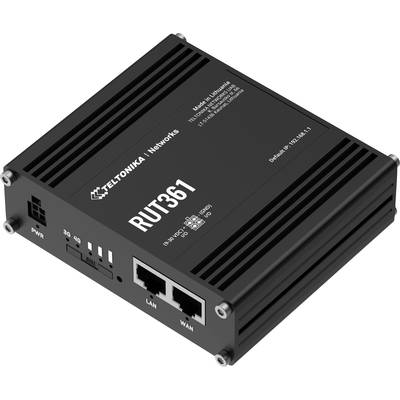 Een zwart netwerktoestel met het opschrift 'TELTONIKA Networks RUT361'. Het heeft twee Ethernet-poorten, aangeduid als 'LAN' en 'WAN'.