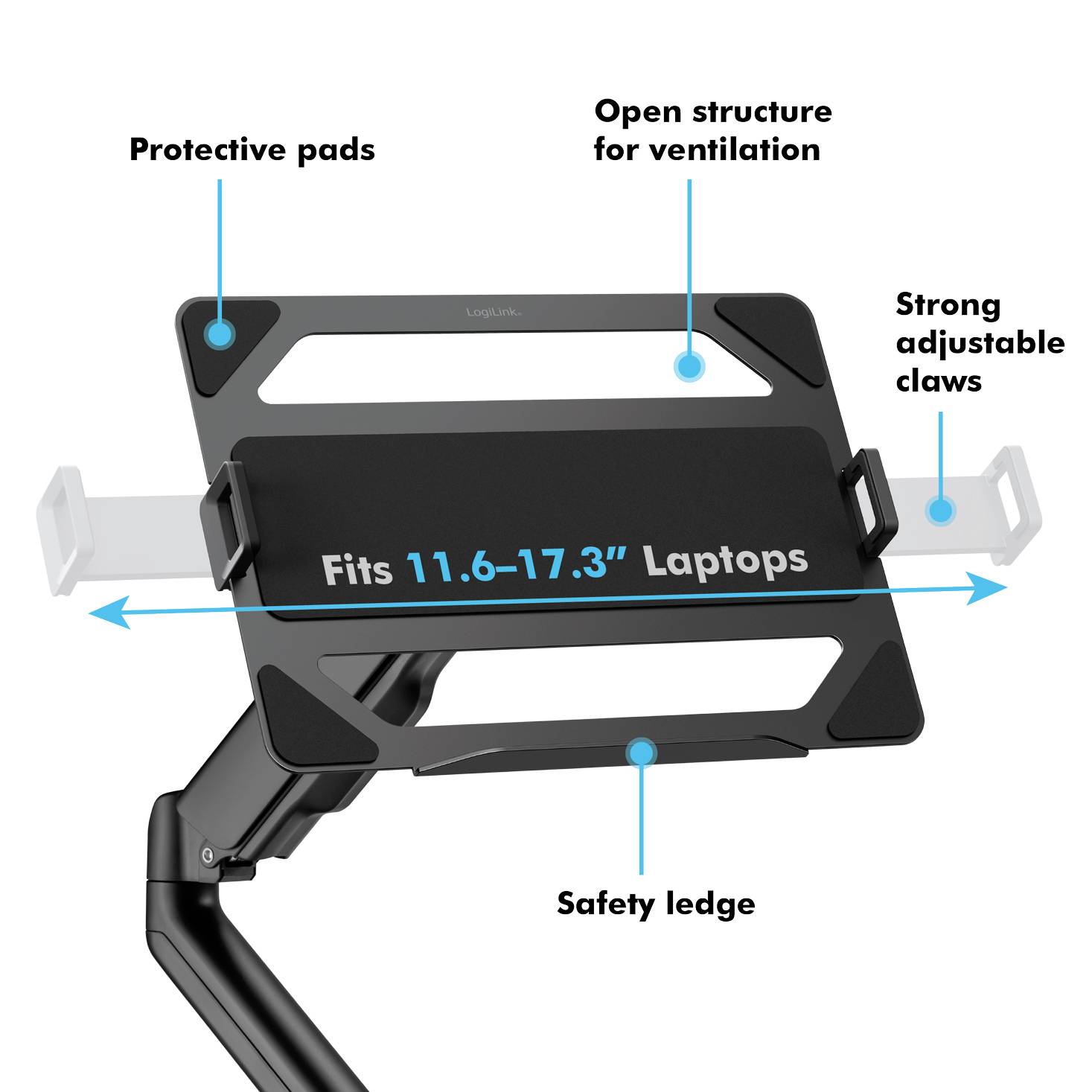 Een laptopstandaard met verstelbaar ontwerp, geschikt voor laptops van 11,6 tot 17,3 inch. Beschermende elementen en ventilatieopeningen aanwezig.
