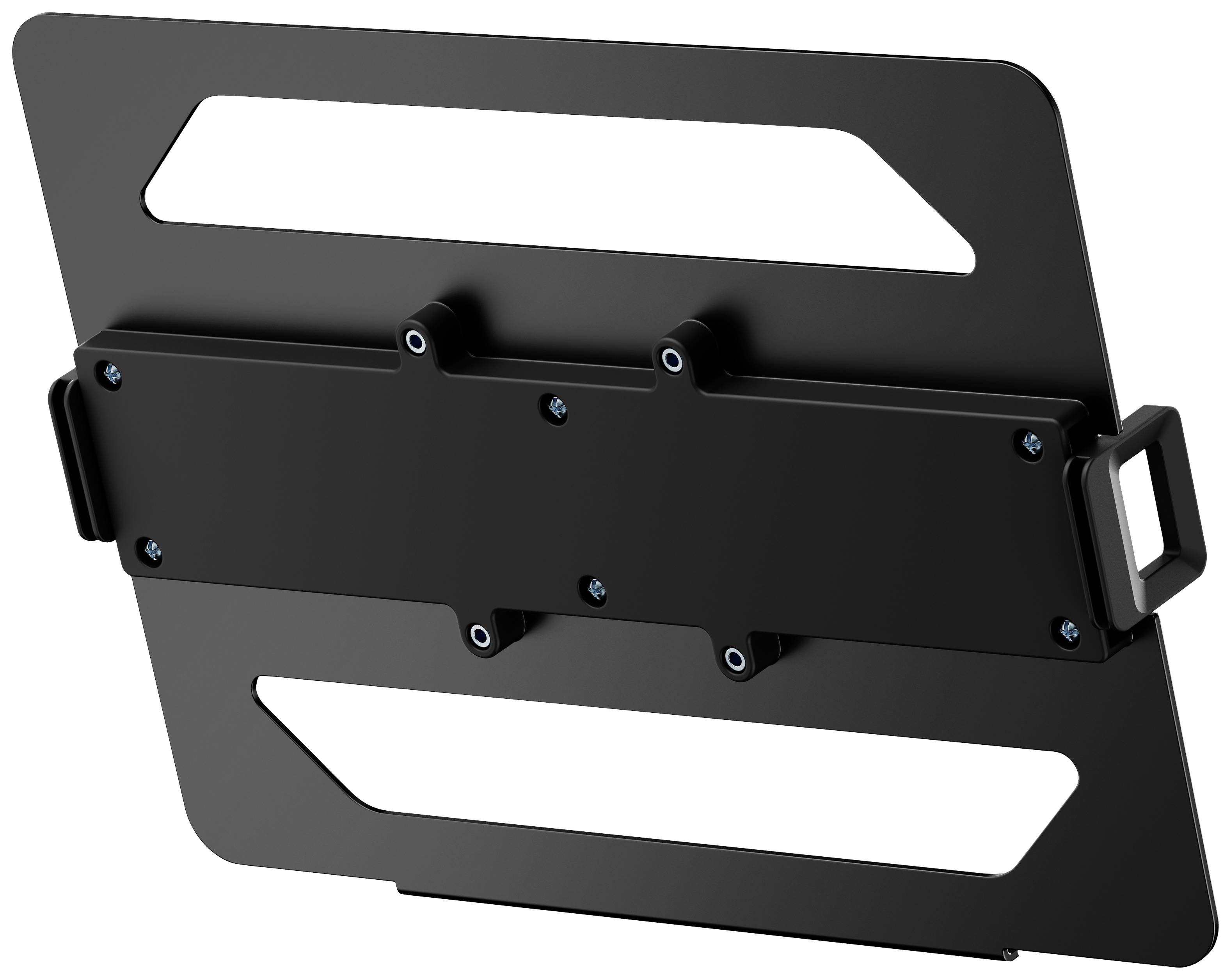 Een zwarte metalen houder met een rechthoekige vorm en zijgrepen. Geschikt voor bevestiging aan een muur of apparaat.