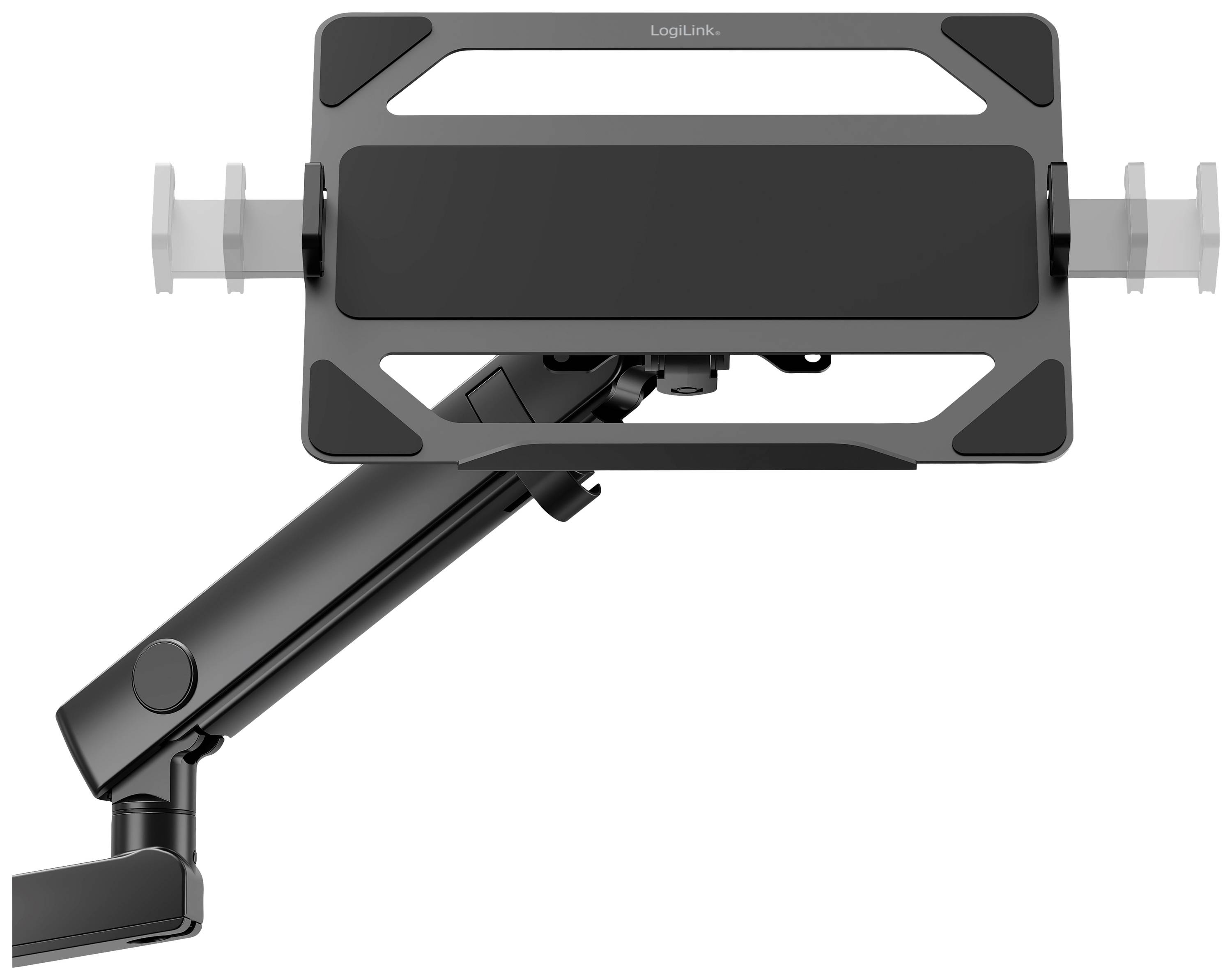 Tablethouder met verstelbare arm in zwarte kleur, geschikt voor montage op bureaus. Biedt flexibele positionering.