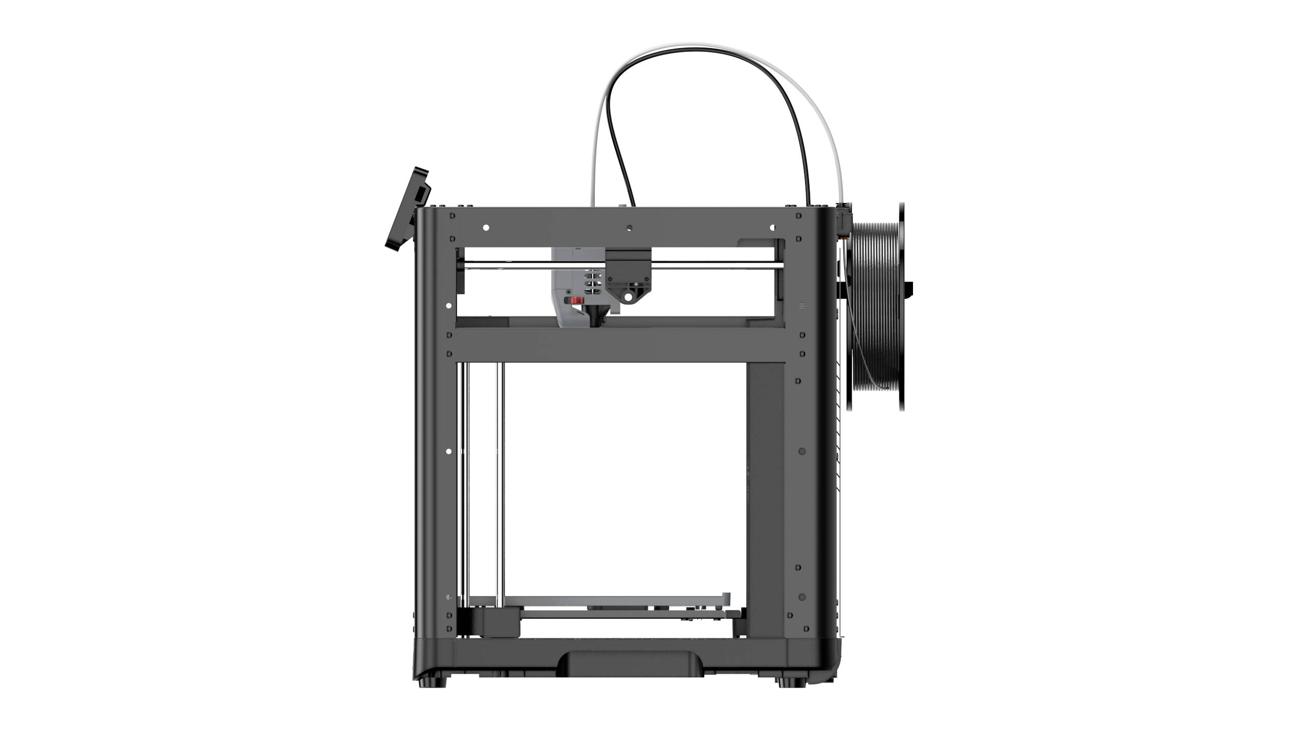Een 3D-printer met een open frame. De filamentrolhouder bevindt zich rechts, de printkop is centraal gemonteerd.